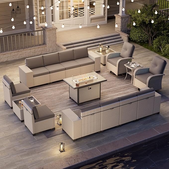 16-Piece Outdoor Patio Furniture Set, Modular Sectional Sofa Set with Swivel Rocker Chairs & Fire Pit, Wicker Outdoor Couch Conversation Sets w/Coffee Table and Cushions, Gray