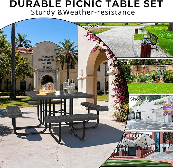 All-Weather Square Outdoor Picnic Table, Commercial Picnic Table Bench Set with Umbrella Hole, Thermoplastic Coated Metal Dining Tables for School, Stores, Park, Patio, Yard, Black