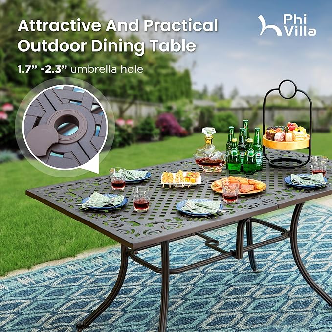 PHI VILLA 7 Pieces Outdoor Cast Aluminium Dining Set for 6, 63" Long Table with Umbrella Hole & Heavy-Duty Chairs with Cushions, Large Outside Furniture Set for Patio, Deck, Porch, Backyard - Brown