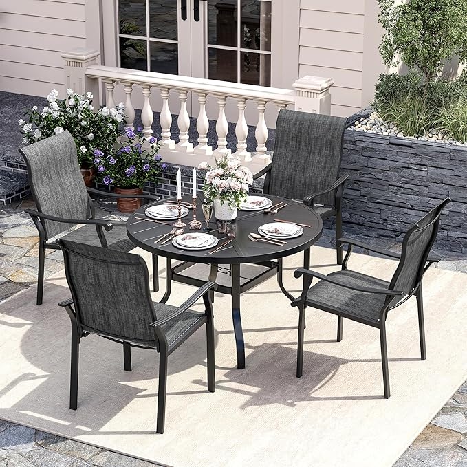 UDPATIO 5 Piece Patio Dining Set for 4, Outdoor Patio Table and Chairs Set, 39" Black Round Table with Umbrella Hole, Gray Patio Chairs, Patio Table with Chairs Outdoor Dining Set for Lawn, Backyard