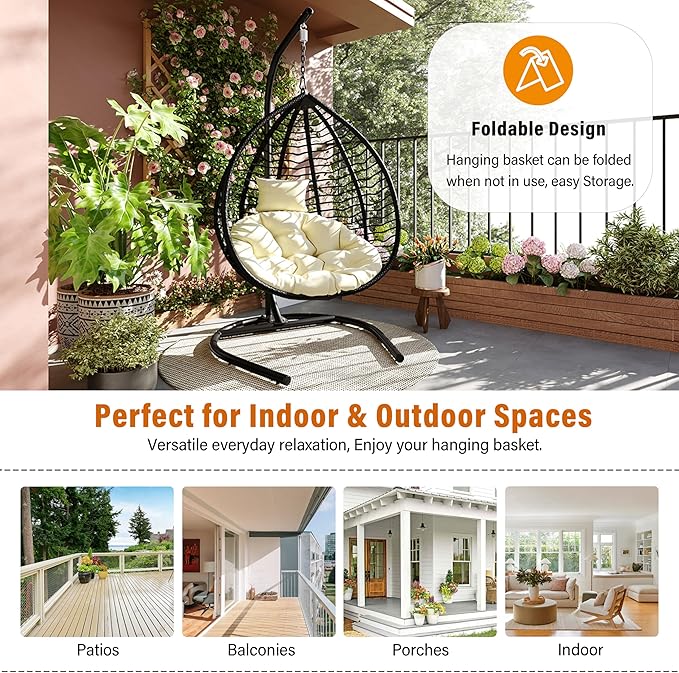 Folding Egg Chair, Outdoor Hanging Hammock Chair with Stand, Patio Wicker Hanging Chair with Iron Frame and Plush Cushion & Removable Headrest for Bedroom, Balcony, Garden (BlackBeige-A)