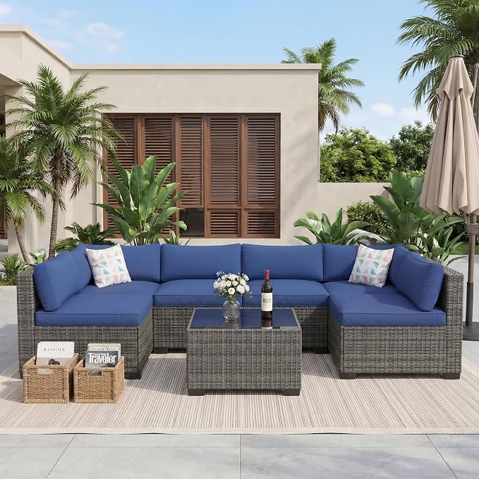 7-Piece Outdoor Rattan Sectional Sofa Set with Coffee Table – Gray Ombré Wicker & Navy Blue Cushions
