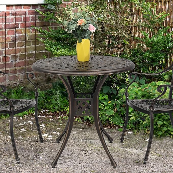Patio Bistro Dining Table with Umbrella Hole,Cast Aluminum Backyard Bistro Round Table, Outdoor Garden Furniture Table