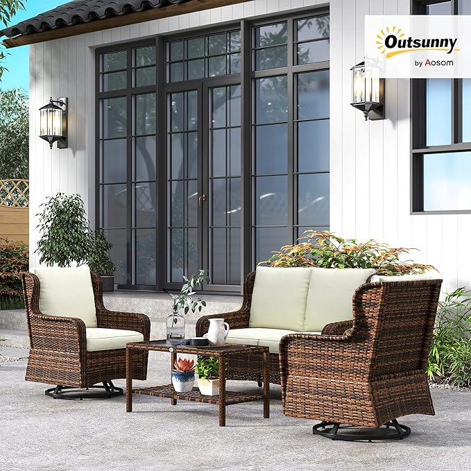 Outsunny 4 Piece PE Rattan Outdoor Patio Furniture Set, Wicker Conversation Set with 2 Swivel Glider Chairs, 2-Tier Glass Table and Loveseat for Garden, Patio, Poolside, Cream White