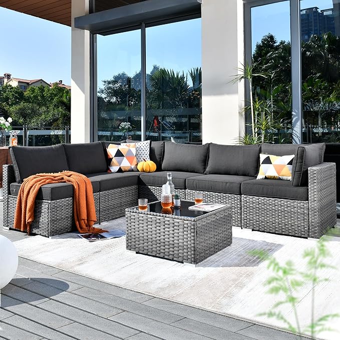 ovios Outdoor 7 Piece Coversation Set with Coffee Table,Sectional Patio Furniture Set with All-Weather Wicker Sofa,Modern Outside Couch for Balcony Backyard Pool, Black