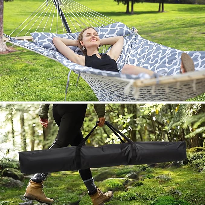 SUNCREAT Double Rope Hammock with Reversible Pad and Stand, Circle Pattern, Heavy Duty Hammock Storage Bag, Black