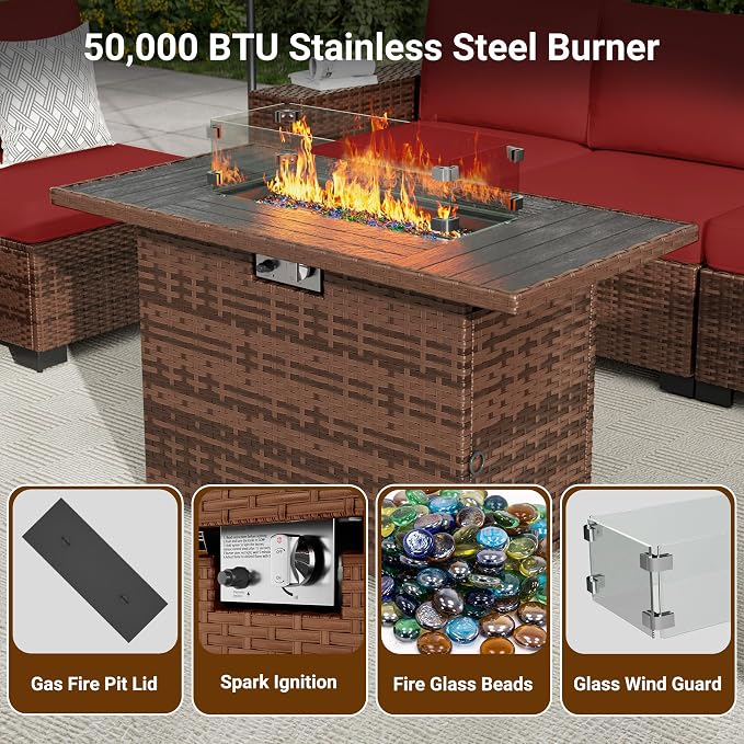 Patio Furniture Set with 44'' Propane Gas Firepit Table, 10 PCS Modular Outdoor Sectional Conversation Sets, All-Weather Wicker Patio Set for Backyard, Wine (Waterproof Covers Included)