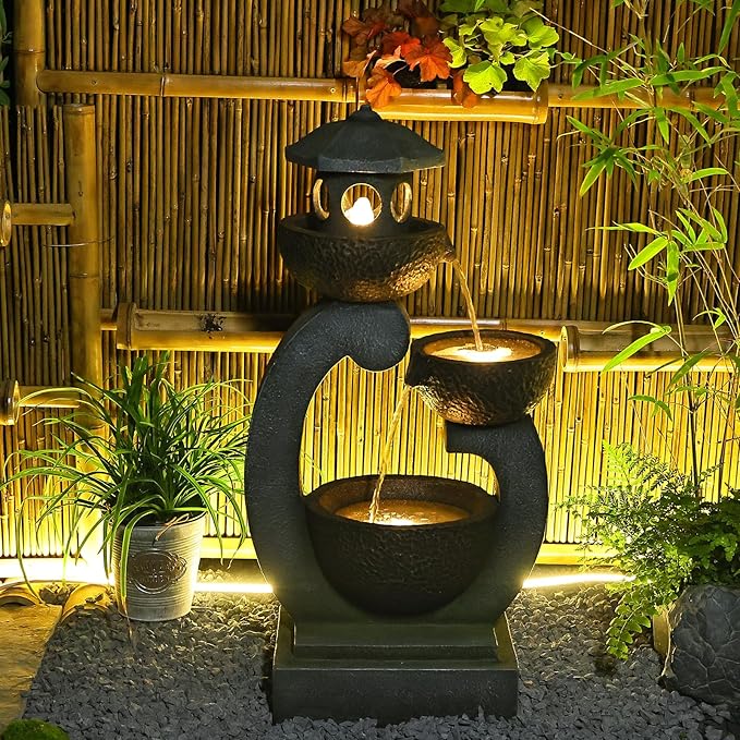Tankana 36 inches Garden Water Fountain Outdoor Zen Pagoda Japaness Modern Tranquil Waterfalls Fountains Bowl with LED Lights & Pump for Patio Yard Porch Deck Home Decor Gray