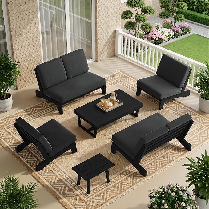 UIXE 6 Pieces All Weather Black Wood Patio Furniture Sets, 2 Patio Loveseat, 2 Patio Bistro Chair, Outdoor Sectional Sofa Furniture Backyard Conversation Set with Coffee Table - Dark Gray