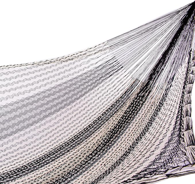 NOVICA Beige Gray White Striped Cotton Hand Woven Mayan Rope 2 Person XL Hammock with Hanging Accessories, 'Midnight Riviera' (Double)