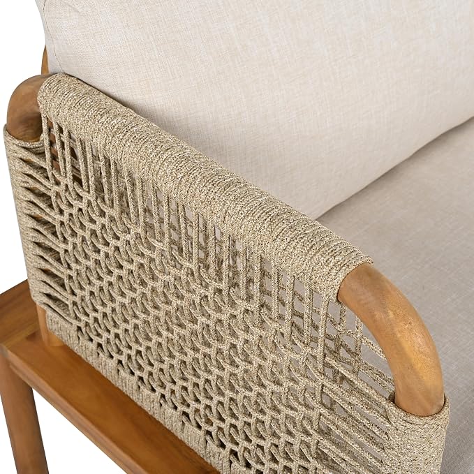 VilroCaz Outdoor 5-Piece Acacia Wood and Rope Patio Sofa Set, All-Weather Conversation Set with Coffee Table and Thick Cushions for Garden Backyard Balcony (Teak+Beige-4P)
