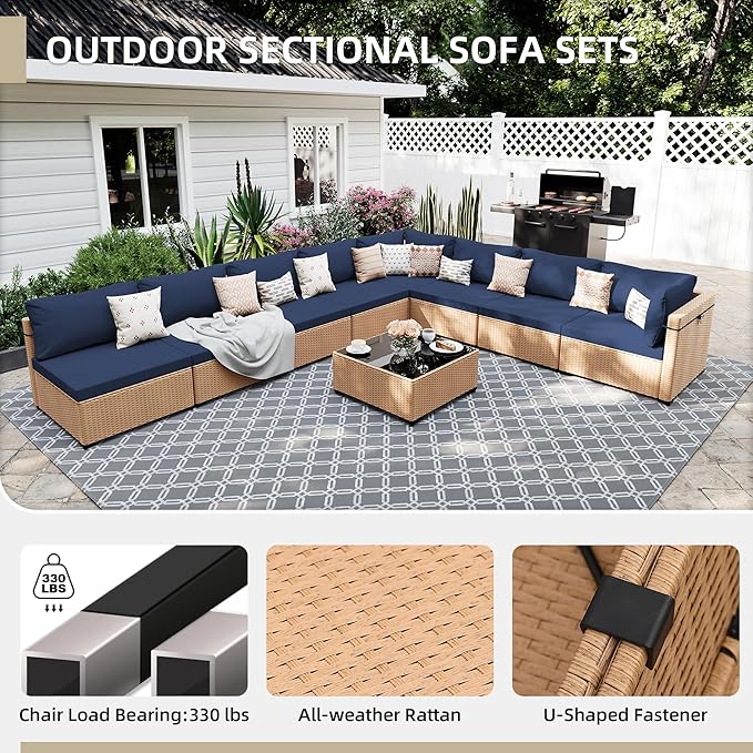 UPHA 9 Pieces Patio Furniture Sets, Wicker Outdoor Sectional Sofa Couch with Coffee Table, Patio Conversation Set for Deck Backyard Garden, Beige Rattan, Navy Blue Cushion