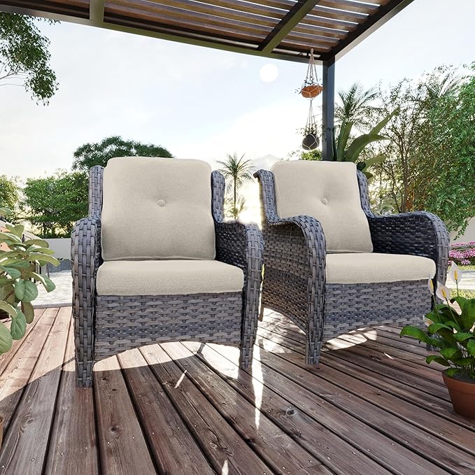 Outdoor Wicker Chair Rattan Patio Dining Chairs Set of 2 PE Wicker Patio Chairs with 3.5 inch Seat Cushions Outdoor Patio Seating Chair for Garden, Backyard Swimming Pool, Balcony, Beige