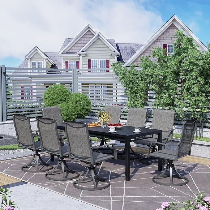 MEOOEM Outdoor Patio Dining Sets for 8, Outdoor Expandable Long Tables and Grey Swivel Chairs Set of 8, All Weather Heavy Duty 9-Piece Outdoor Patio Table and Chairs for Garden, Backyard