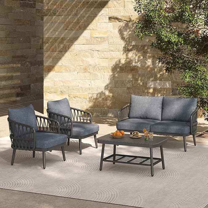 Montary 4-Piece U-Shaped Outdoor Patio Conversation Set - Metal Chairs with Woven Rope Design, Includes Acacia Coffee Table & Thick Cushions for Garden,Poolside, Balcony, Backyard (Gray)