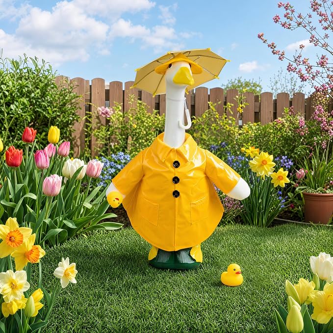 Yellow Raincoat Goose Outfits Porch Goose Waterproof Clothes with Umbrella Hat Rubber Duckie Fits 23" Geese Statue for Spring Summer Garden Lawn Patio Yard Outdoor Decor (Rubber Duckie)