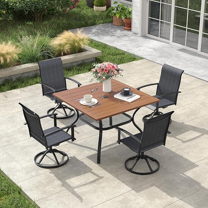 VICLLAX Outdoor Table and Chairs Set for 4, Patio Dining Set of 37.8" Metal Square Patio Table with Umbrella Hole & 4 Swivel Outdoor Dining Chairs for Backyard Lawn, Charcoal & Walnut