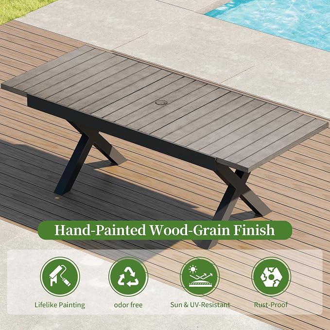 Outdoor Dining Set, 9 Piece Expandable Patio Dining Table and Textilene Chairs Set, Aluminum Patio Furniture Set for Table with Umbrella Hole and 8 Chairs for Patio, Garden, Lawn, Deck(Grey)