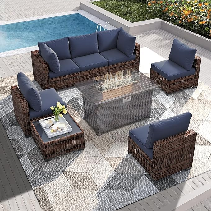 7 Pcs Patio Furniture Set, All Weather Outdoor Sectional Set, Wicker Outside Furniture Patio Sofa Set for Backyards, Porch, Poolside, Garden, Balcony (Brown & Blue)