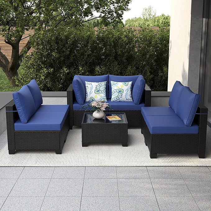 Peacabo7 Pieces Patio Furniture Set, Outdoor Sectional Rattan Sofa Set, Wicker Patio Conversation Set with Cushions and Glass Coffee Table, for Balcony, Porch, Garden, Coffee and Blue