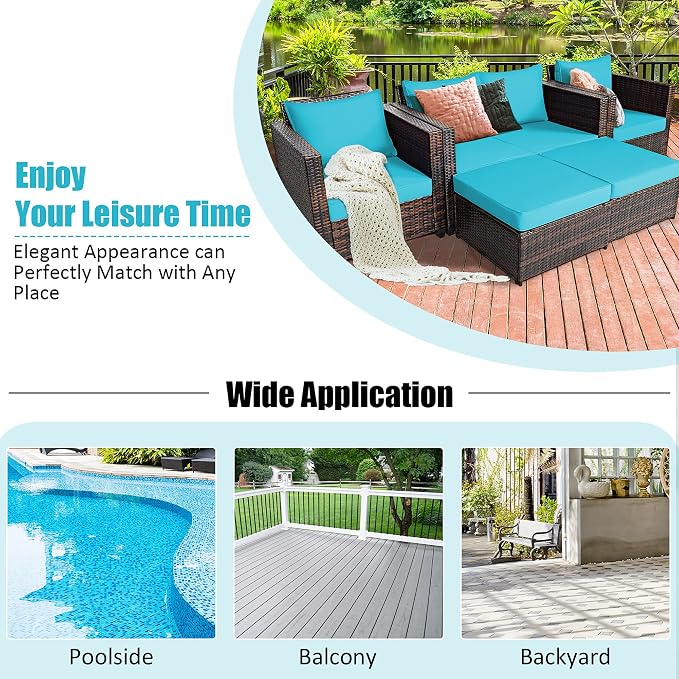DORTALA 5-Piece Outdoor Patio Conversation Set, Loveseat and 2 Ottoman, Outdoor Sectional Rattan Sofa Set, Multifunctional Rattan Furniture Set Suitable for Backyard Garden Poolside Balcony, Turquoise
