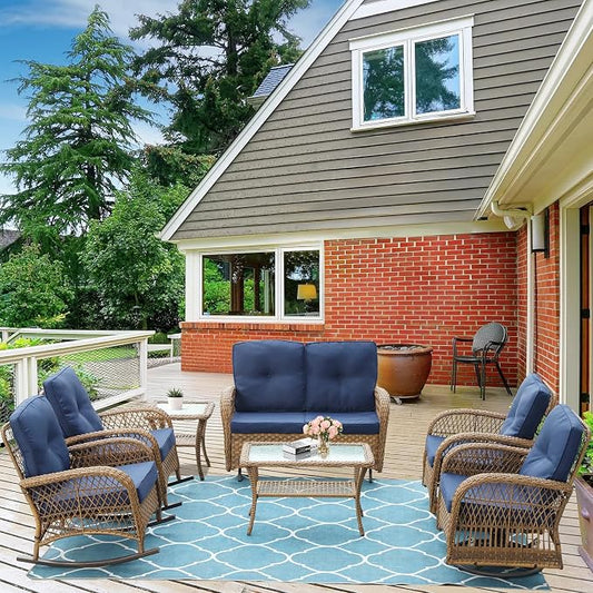 7-Piece Wicker Patio Furniture Sets Outdoor All-Weather Rattan Conversation Set Includes Glider Loveseat, 2 Glass-Top Coffee Tables, 2 Swivel-Rocker Chairs for Porch Backyard, Navy Blue