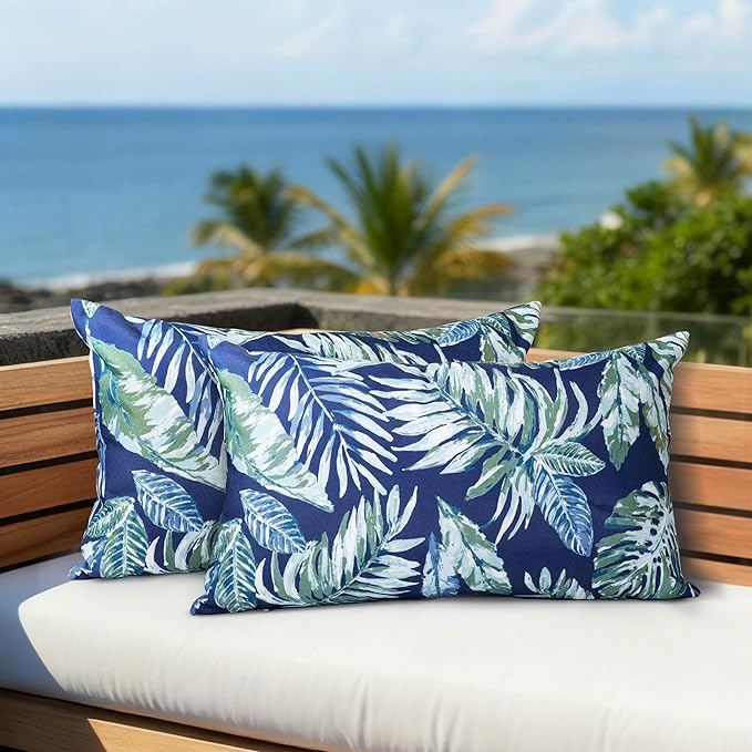 AELS Outdoor Lumbar Pillow Covers 12x20 Inch, Waterproof Decorative Pillow Covers Pack of 2, Water-Resistant Pillow Case for Patio Furniture Tent Garden, Tropical Leaf, Blue Green, Cover ONLY