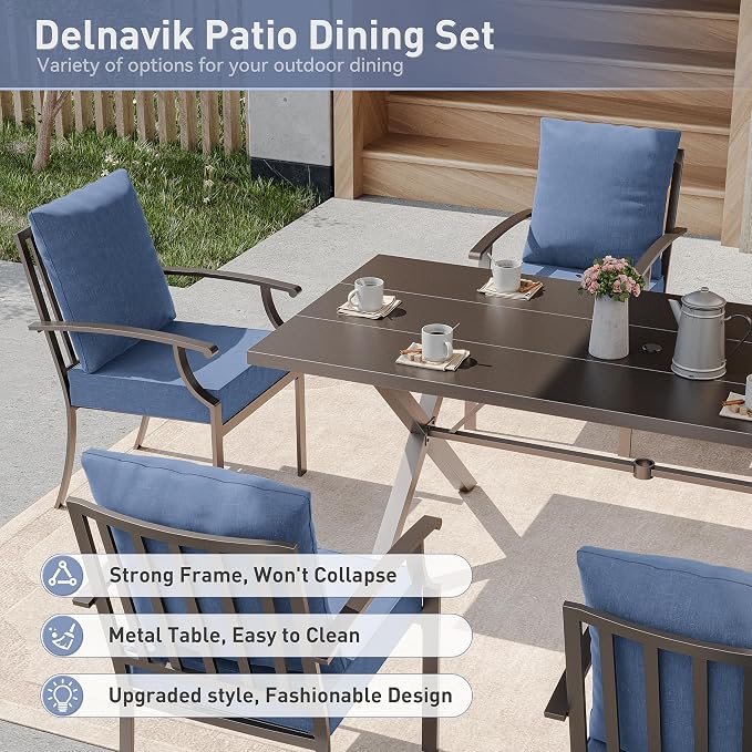 Kurapika 9 Pieces Patio Dining Set Outdoor Furniture with 8 Fixed Chairs, Metal Patio Furniture Set 8 Chairs and Large Table with Umbrella Cutout for Yard Porch, Navy Blue