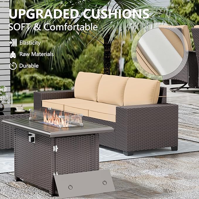 Patio Set Sofa High Back 7 Pieces Wicker Sectional Sofa with 55,000 BTU Gas Fireplace Table, Rattan Outdoor Furniture Set with Thicken Cushion and Coffee Table, Sand