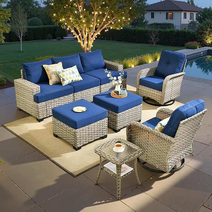 ovios 8 Piece Patio Sectional Furniture with Swivel Rocking Chairs, Rattan Wicker Coversation Couch Set, Outdoor Sofa Set for Outside Porch Balcony Backyard Pool, Navy Blue