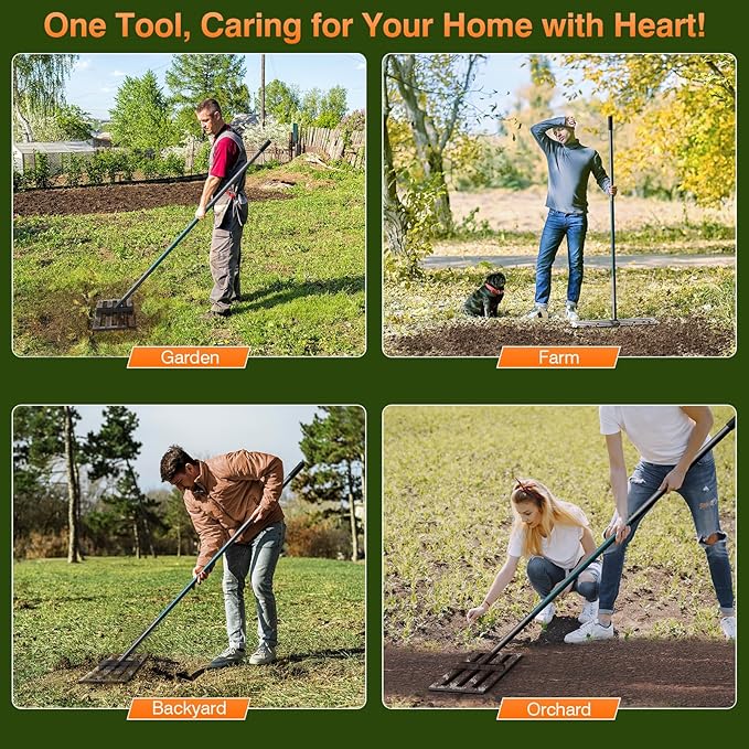 Lawn Leveling Rake, 30 x 10 in Stainless Steel Levelawn Tool with 78 in Adjustable Handle, Heavy Duty Yard Leveler for Soil, Sand, Compost, Backyard, Garden and Golf Course (Green)