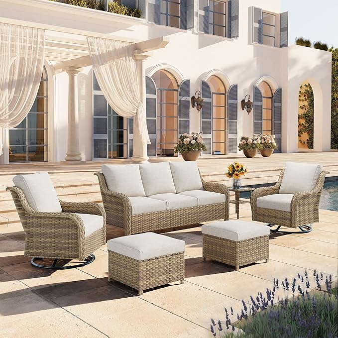 6 Piece Patio Furniture Set with Swivel Chairs, Side Table & Ottomans, Outdoor Patio Conversation Set with Comfortable Cushions for Backyard, Deck, Porch, Poolside - Beige Wicker with Cushions