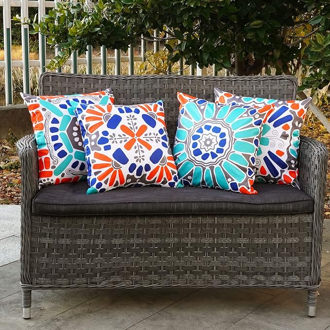 ONWAY Outdoor Waterproof Pillow Covers 18x18 Set of 4 Floral Boho Decorative Throw Cushion Cover Farmhouse Pillows for Bench Couch Patio Furniture