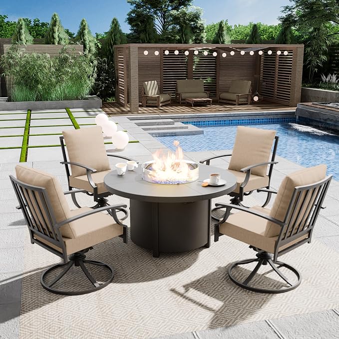 Kullavik 5 Piece Metal Outdoor Patio Furniture Set with Fire Pit Table,Outdoor Dining Table Set with 4 Swivel Chairs and 55000 BTU Outdoor Round Fire Pit,Sand
