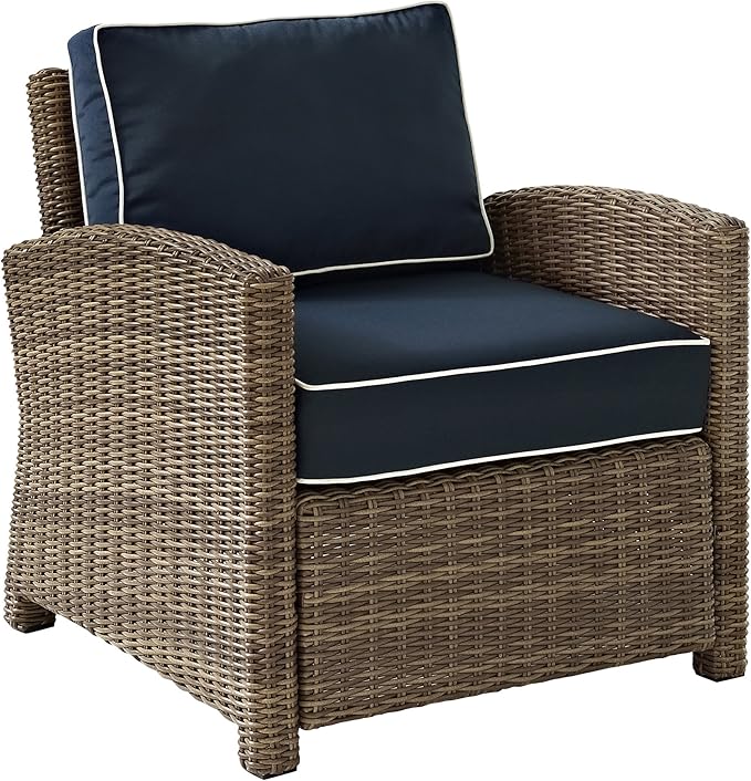 Crosley Furniture Bradenton 5-Piece Outdoor Loveseat Patio Furniture Set, Wicker Conversation Sets for Porch, Brown with Navy Cushions