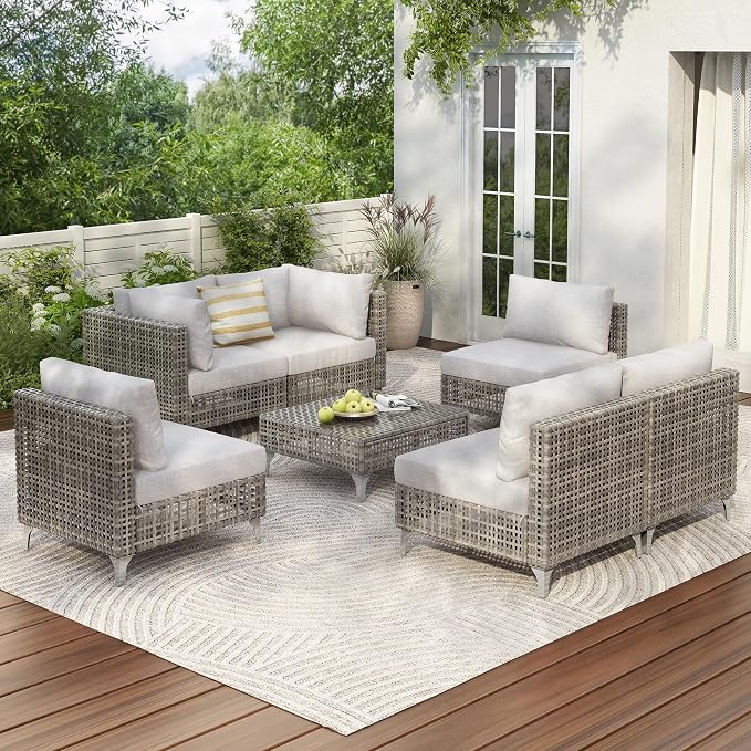VilroCaz 8-Piece Outdoor Patio Furniture Set, Wicker Sectional Sofa wThick Seat Cushions, All-Weather Conversation Sofa Sets with Coffee Table for Outdoor Couch, Porch, Backyard (Grey-8C)
