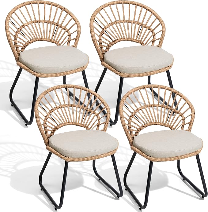 Boho Patio Dining Chairs Set of 4, Hand-Woven Rattan Outdoor Chair | Shell Shaped Back with 2.6” Beige Cushion, Sled Metal Frame Patio Side Chairs for Garden Backyard Porch