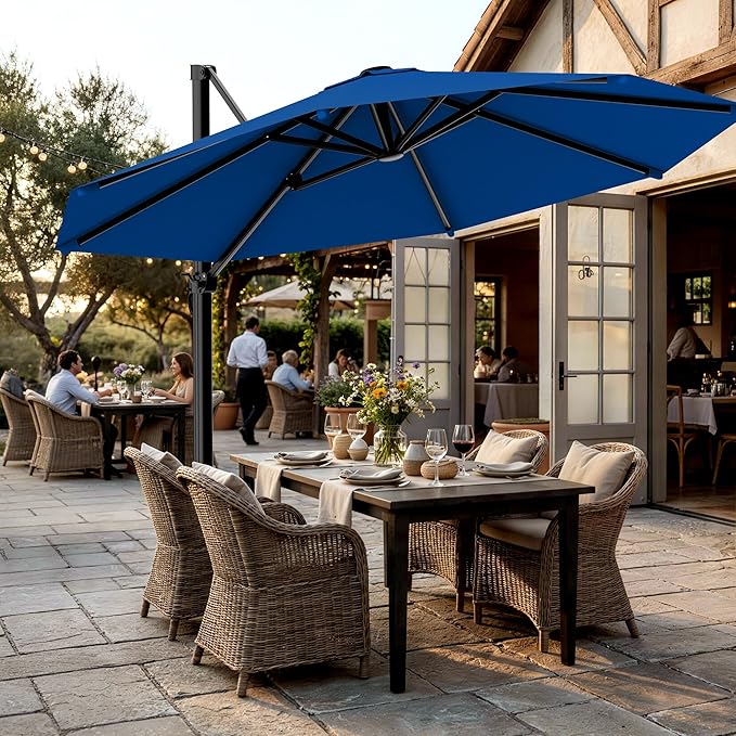 AreShark 11FT Round Cantilever Patio Umbrella with Base Included, 360° Rotation Offset Outdoor Umbrella, 5 Tilt Settings Heavy Duty Hanging Parasol for Deck Garden Pool, Royal Blue