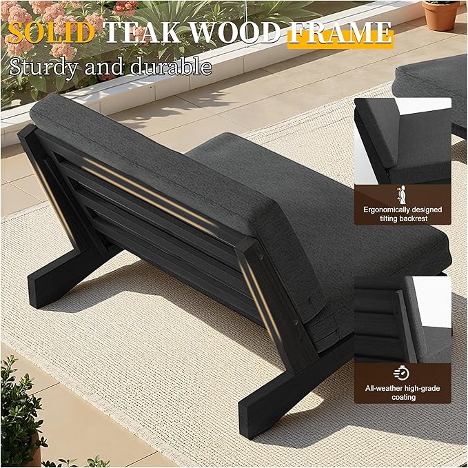 UIXE Black Wood Patio Furniture Sets, 2 Pieces All Weather Patio Loveseat Outdoor Sofa with Solid Wooden Coffee Table - Dark Gray