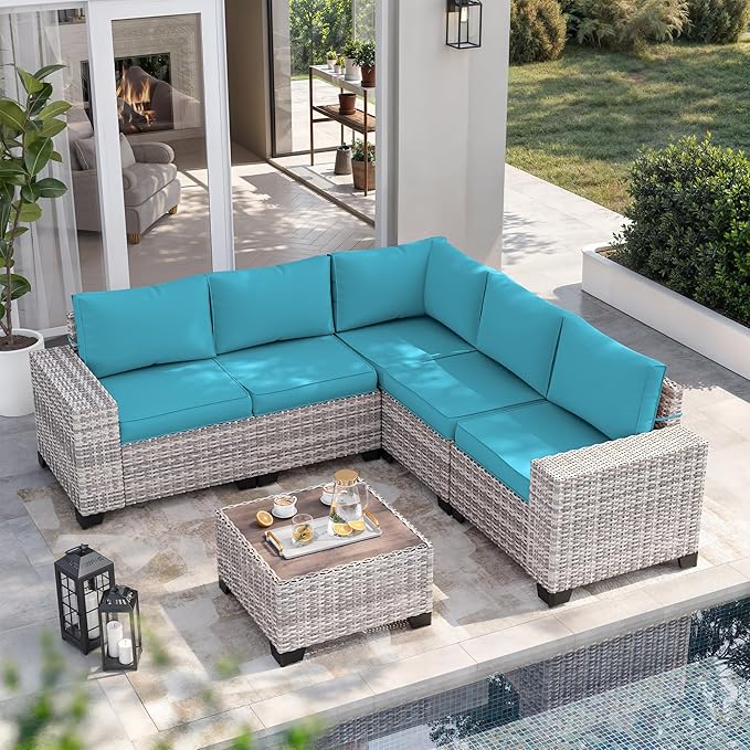 8-Piece Outdoor Patio Furniture Set Wicker Rattan Sectional Sofa Set with Ottomans, Patio Conversation Set with Thickened Cushions & Coffee Table for Backyard, Turquoise