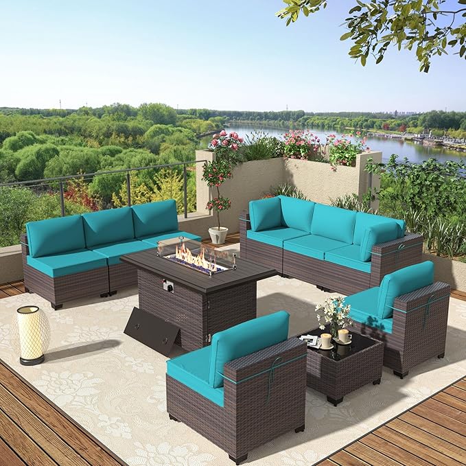 Patio Furniture Set with Fire Pit Table 10 Pieces Outdoor Sectional Sofa Set,PE Rattan Wicker Patio Conversation Set w/43in 55000 BTU Propane Fire Pit Table,Blue