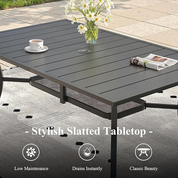 3 Pieces Outdoor Dining Set, 59.2" Patio Dining Table with 2 Outdoor Backless Benches Metal Frame & Faux Wood Seat for Garden Lawn Backyard, Black