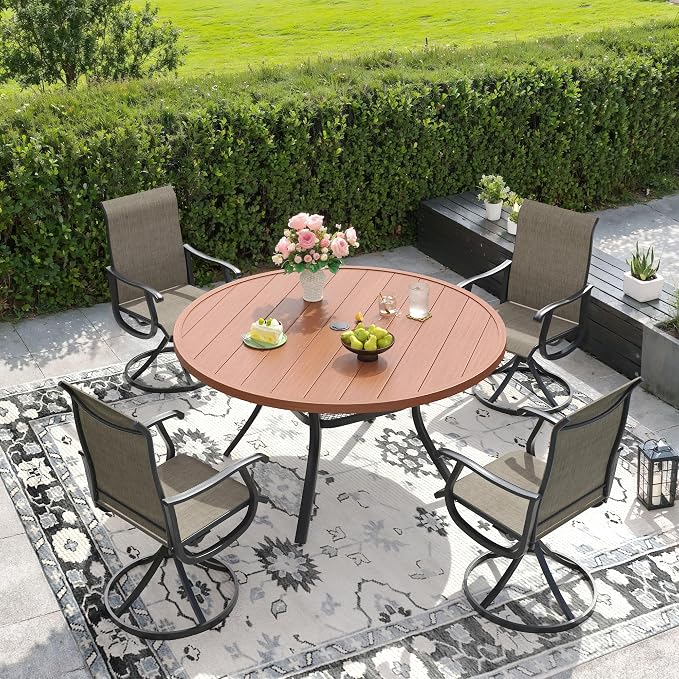 DIFY 5 Pieces Outdoor Dining Set for 4, Outdoor Furniture Set of 4 Brown Textilene Swivel Patio Chairs, 47.2" Walnut Round Metal Dining Table Set with Umbrella Hole, for Garden Deck Backyard