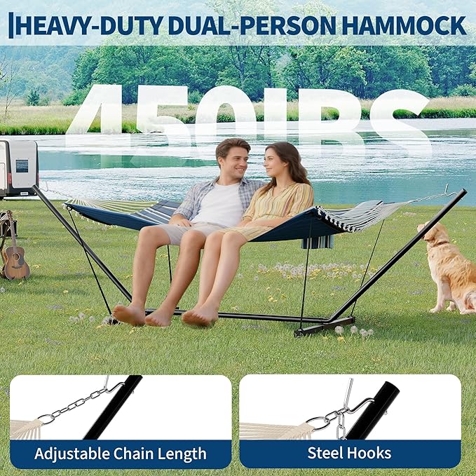 2 Person Double Hammock with Stand & Pillow, 450 LBS Heavy Duty Outdoor Hammock with Balance Rope for Patio Backyard Poolside