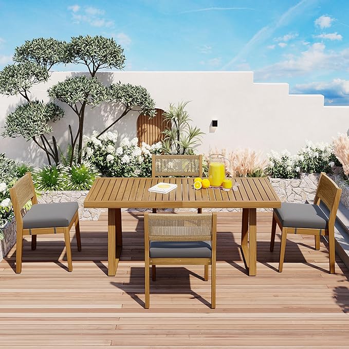 Harper & Bright Designs Multi-Person Outdoor Acacia Wood Dining Table and Chair Set, Thick Cushions, Suitable for Balcony, Vourtyard, and Garden.