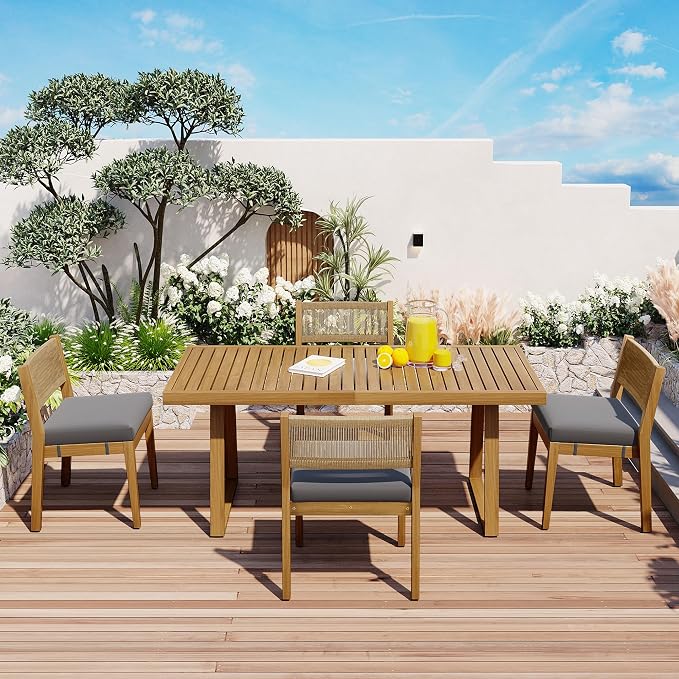 VilroCaz 5 Pieces Patio Dining Set, Acacia Wood Dining Table and Chair Set, All-Weather Outdoor Conversation Set Gathering Set with Thick Cushions for Garden Backyard Balcony (Gray+Acacia5)