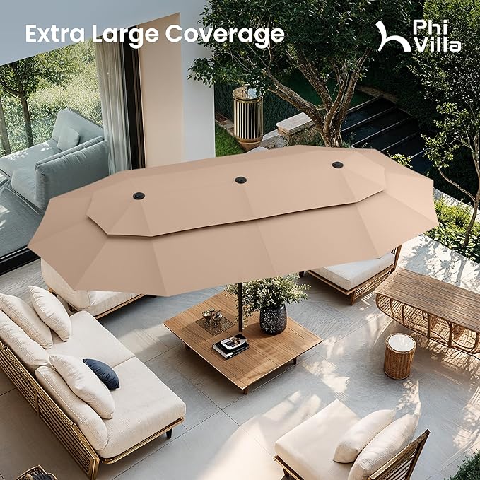 PHI VILLA 13ft Outdoor Patio Umbrellas with Base Included, 2-Tier Double-Sided Outdoor Rectangular Sun Umbrella for Outside, Beige