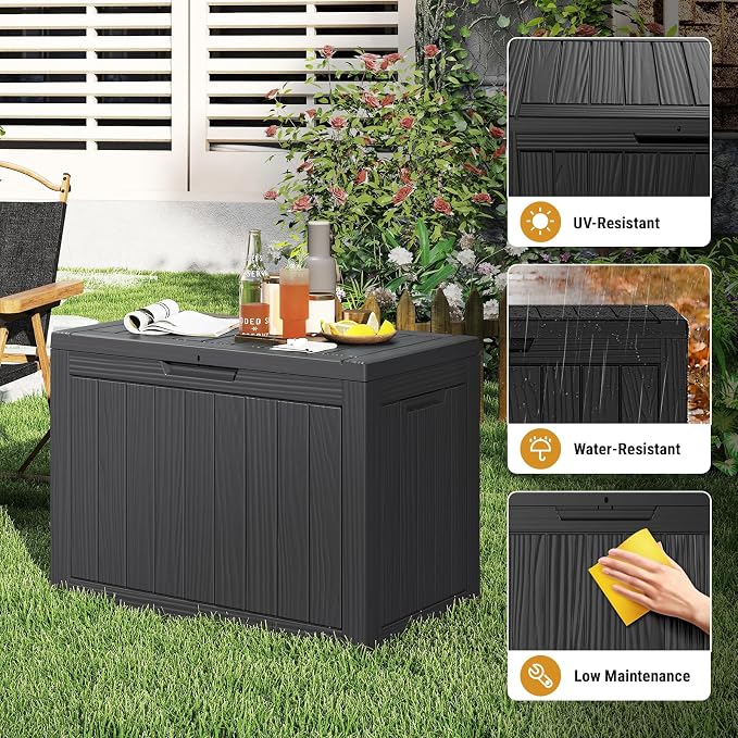 Mars Villa 45 Gallon Outdoor Storage Box, Resin Deck Box Waterproof, Storage Chest for Outside Patio Furniture Cushion, Pool Supply, Garden Tool, UV Resistant and Weatherproof, Black