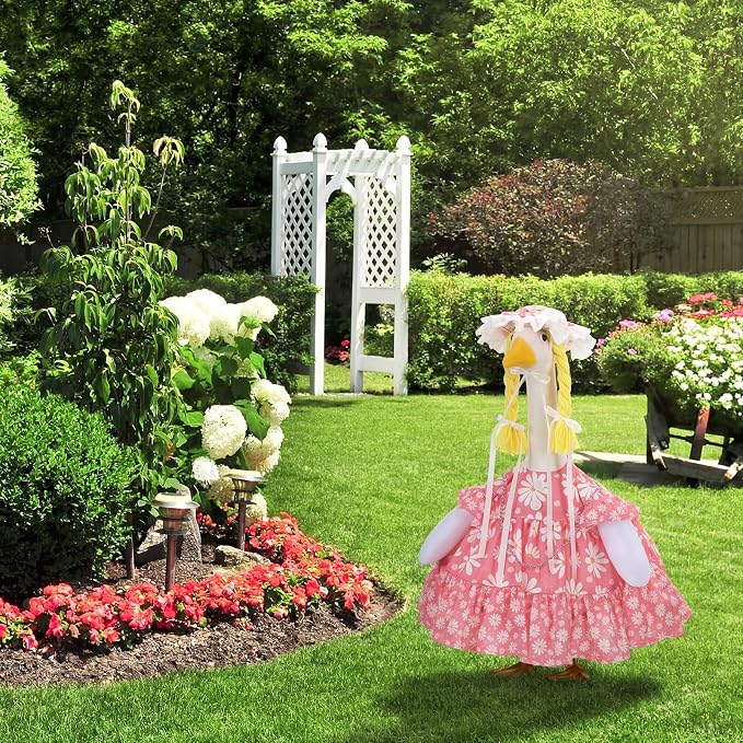 Spring Summer Pink Daisy Porch Goose Outfit for 23'' Goose Clothes Bee Pink Skirt with Hat for Spring Summer Outdoor Garden Yard Patio Lawn Decor(Daisy)