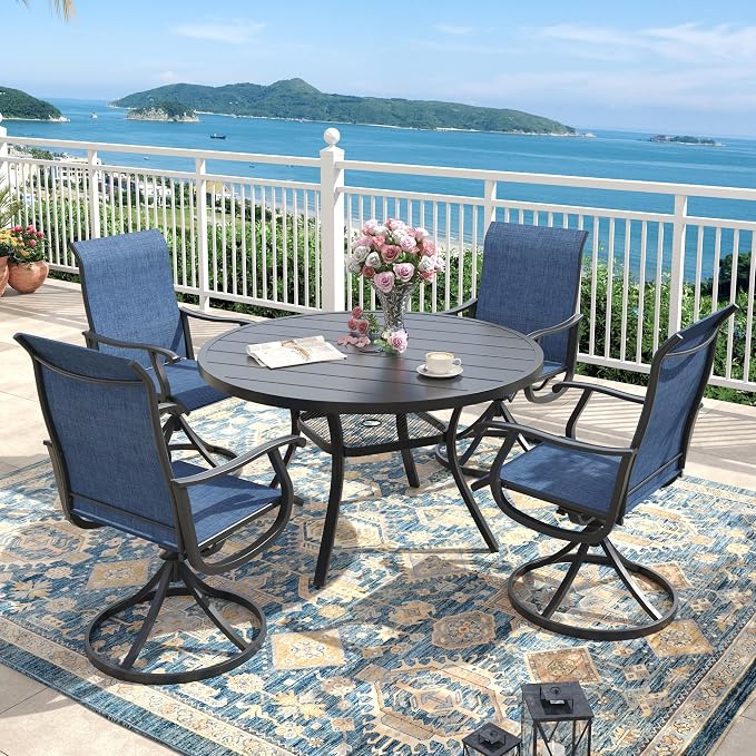 Outdoor Dining Set for 4, 40.6" Metal Round Outdoor Dining Table with Umbrella Hole and Sling Patio Swivel Chairs, 5 Pieces Patio Table and Chairs Set for Garden Backyard, Dark Blue and Black